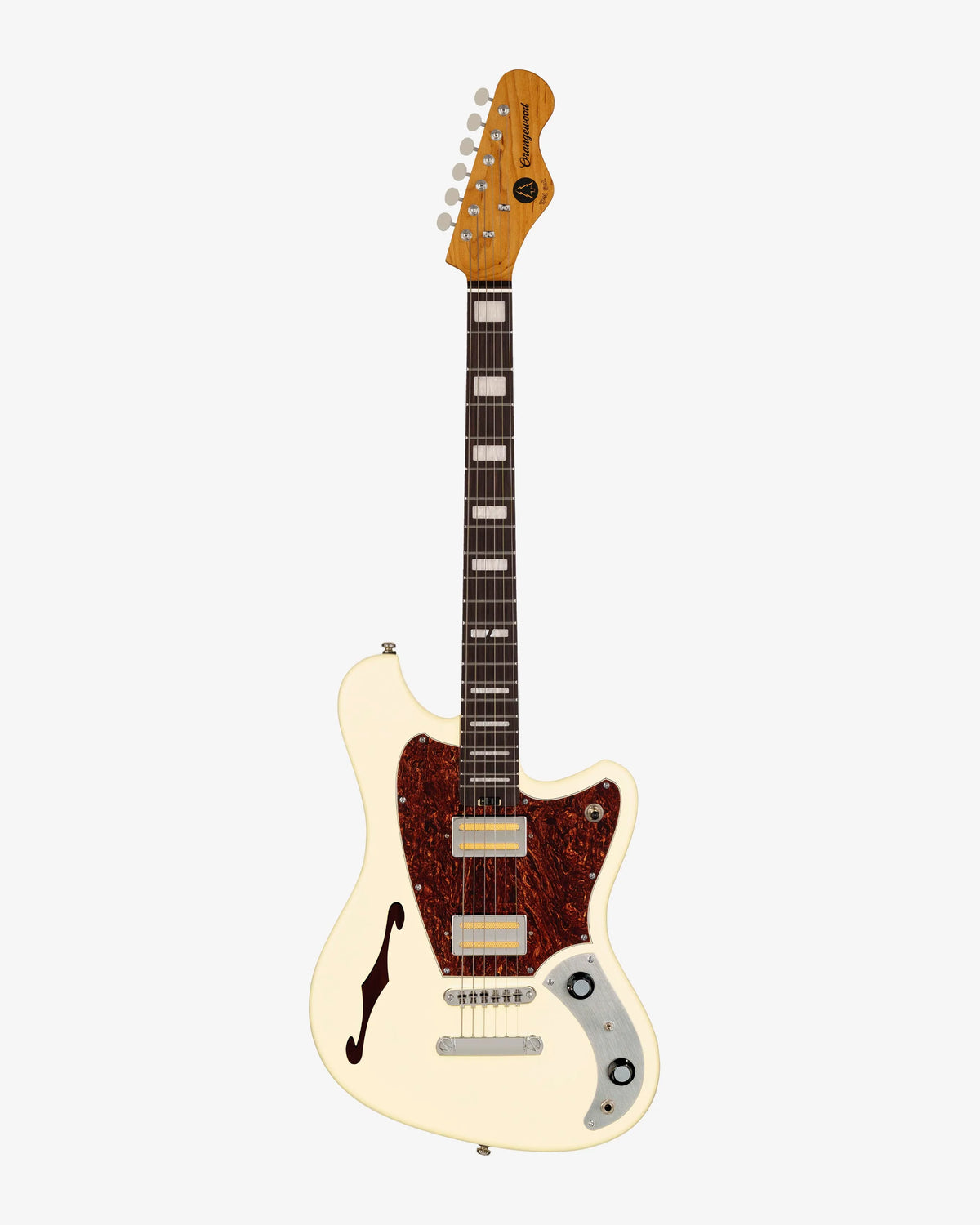 Electric guitar with a white body and brown pickguard on a white background