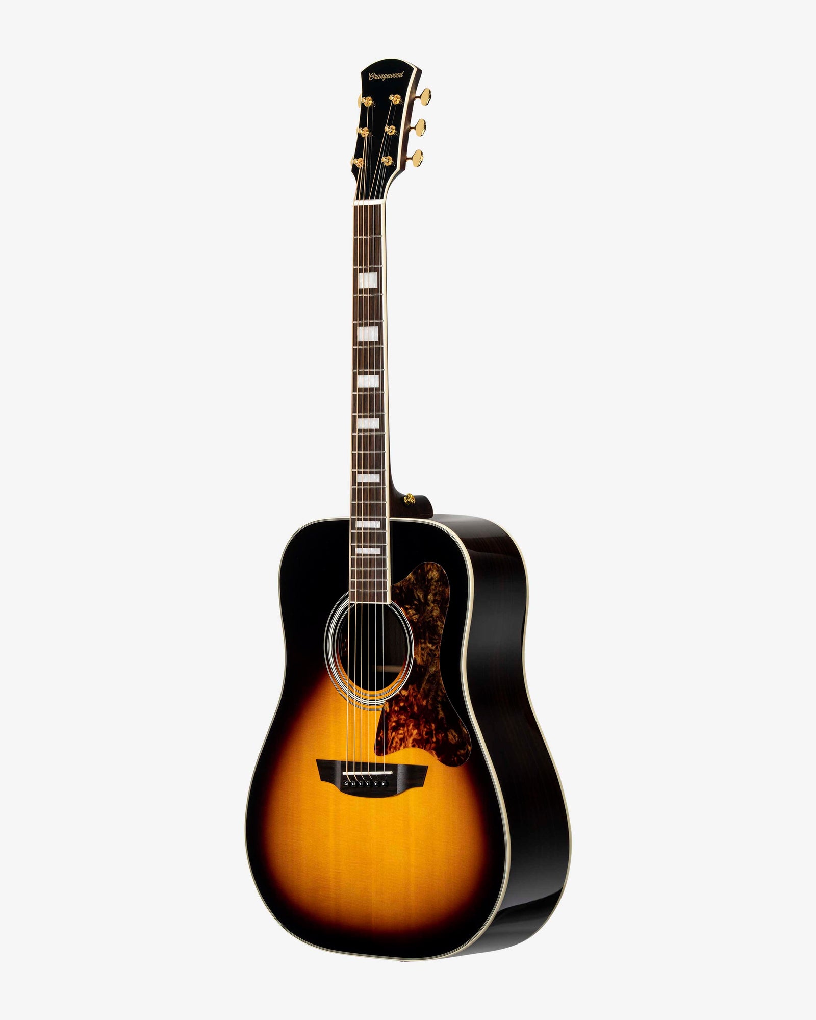 Vintage sunburst gloss finish dreadnought guitar with LR Baggs pickups and a tortoise pickguard