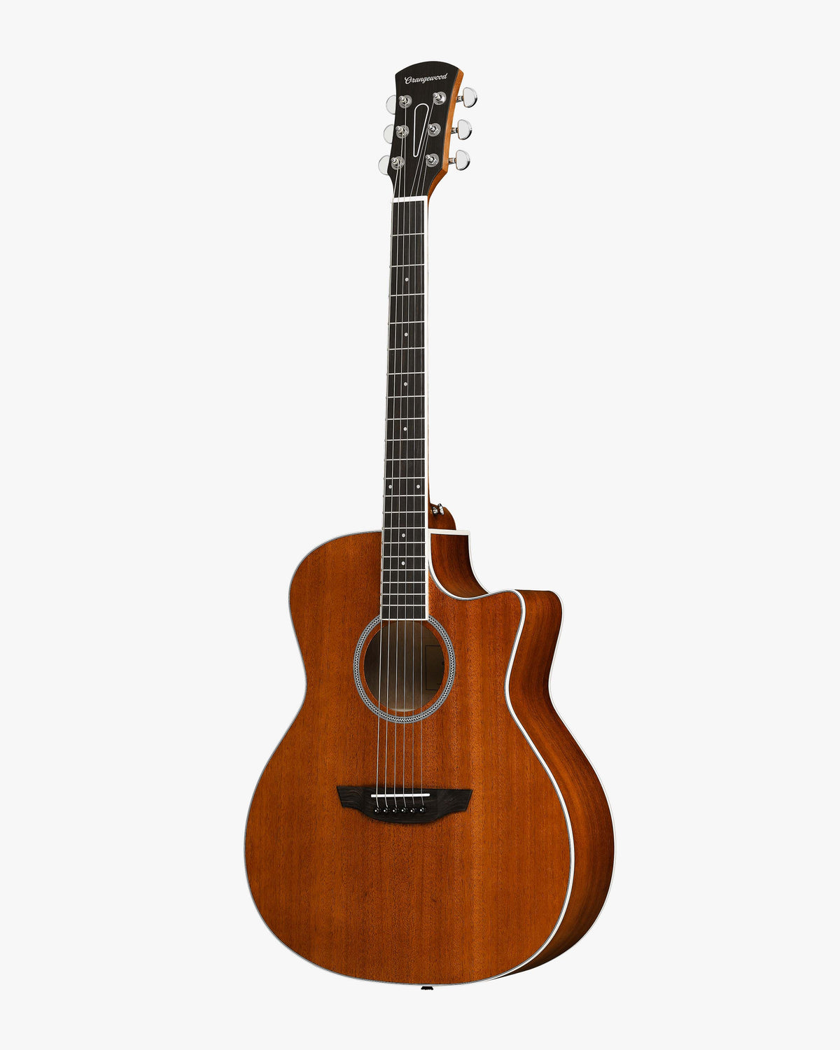Acoustic guitar with a mahogany top on a white background
