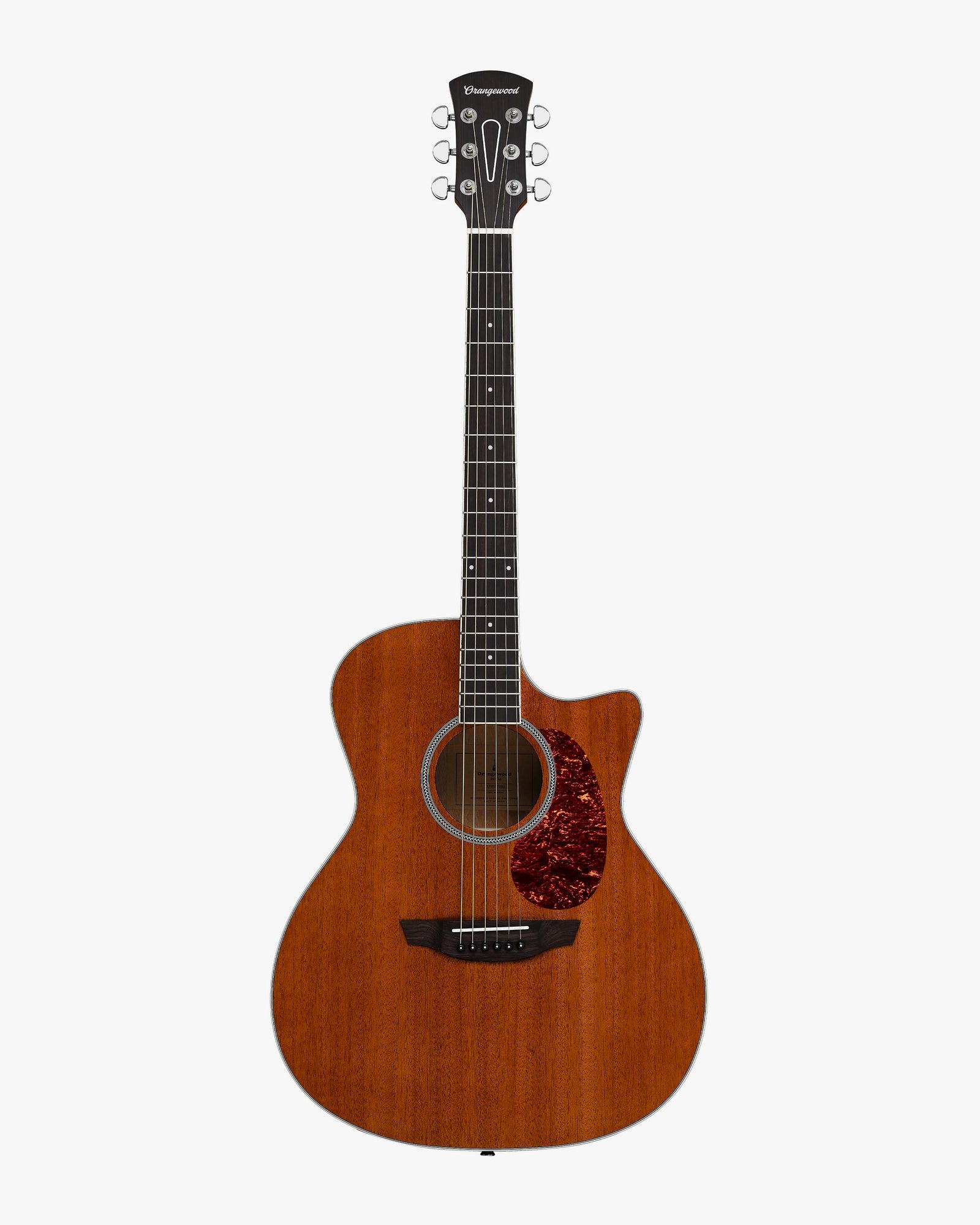 A full-size acoustic guitar with a cutaway, mahogany body, and a dark brown finish. The guitar has a classical design with a visible fretboard, bridge, and soundhole.