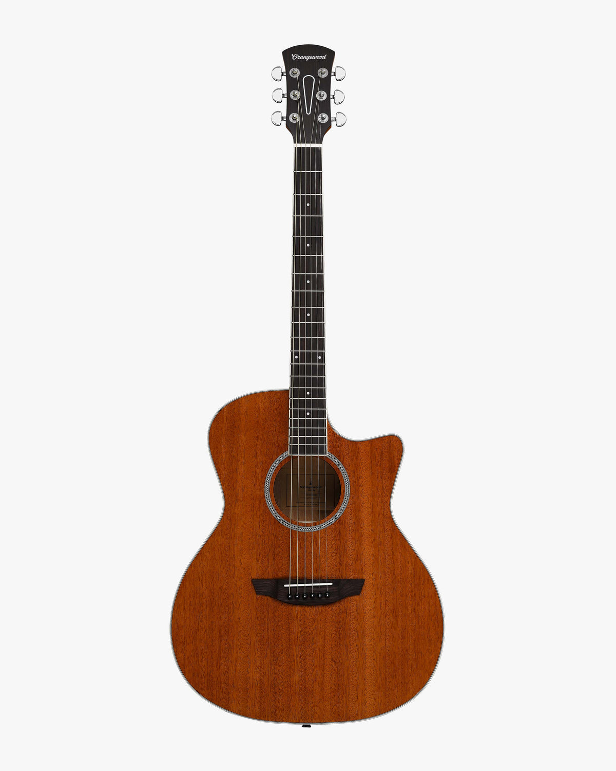 A full-size acoustic guitar with a cutaway, mahogany body, and a dark brown finish. The guitar has a classical design with a visible fretboard, bridge, and soundhole.