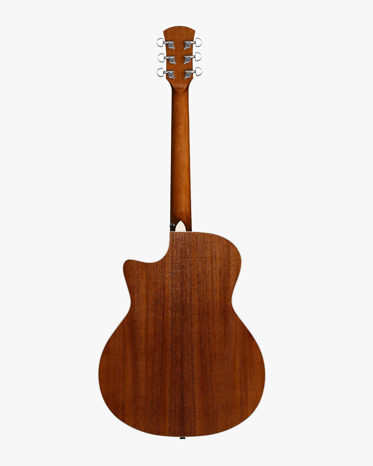 Back view of a wooden acoustic guitar on a white background