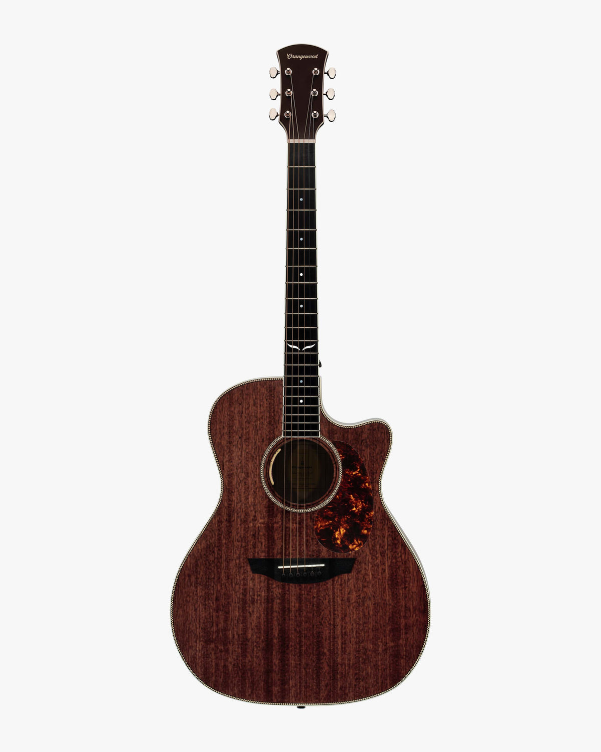 Mahogany grand auditorium cutaway acoustic electric guitar with an ebony fretboard, mother of pearl inlays, silver hardware, and tortoise pickguard