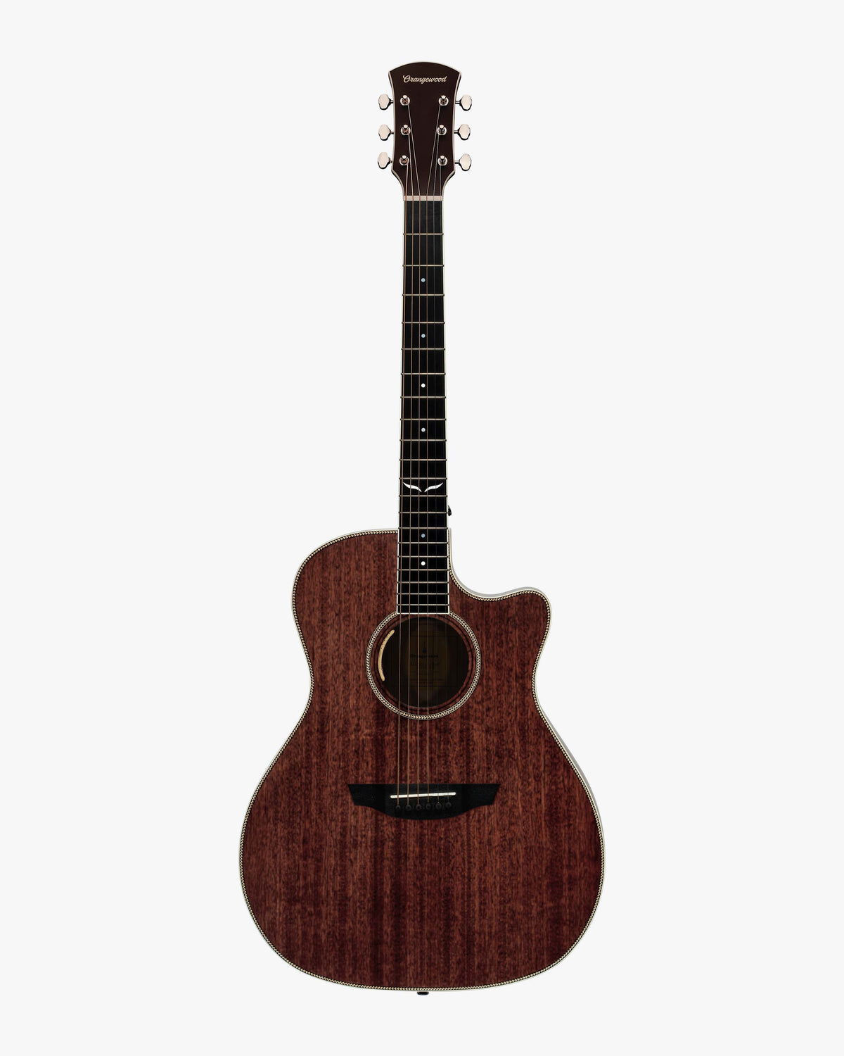 Mahogany grand auditorium cutaway acoustic electric guitar with an ebony fretboard, mother of pearl inlays, and silver hardware