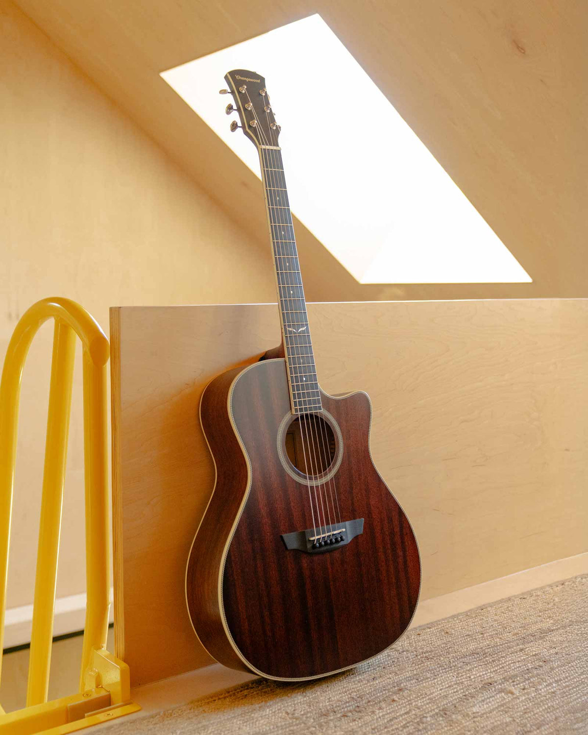 Sage mahogany guitar in a loft