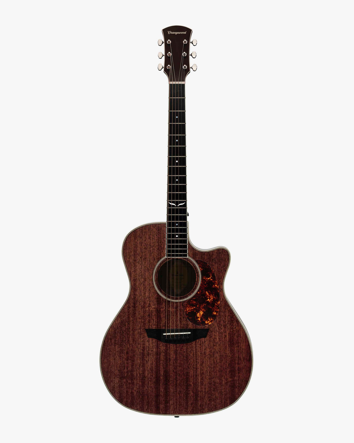 Mahogany grand auditorium cutaway acoustic electric guitar with an ebony fretboard, mother of pearl inlays, silver hardware, and a tortoise pickguard