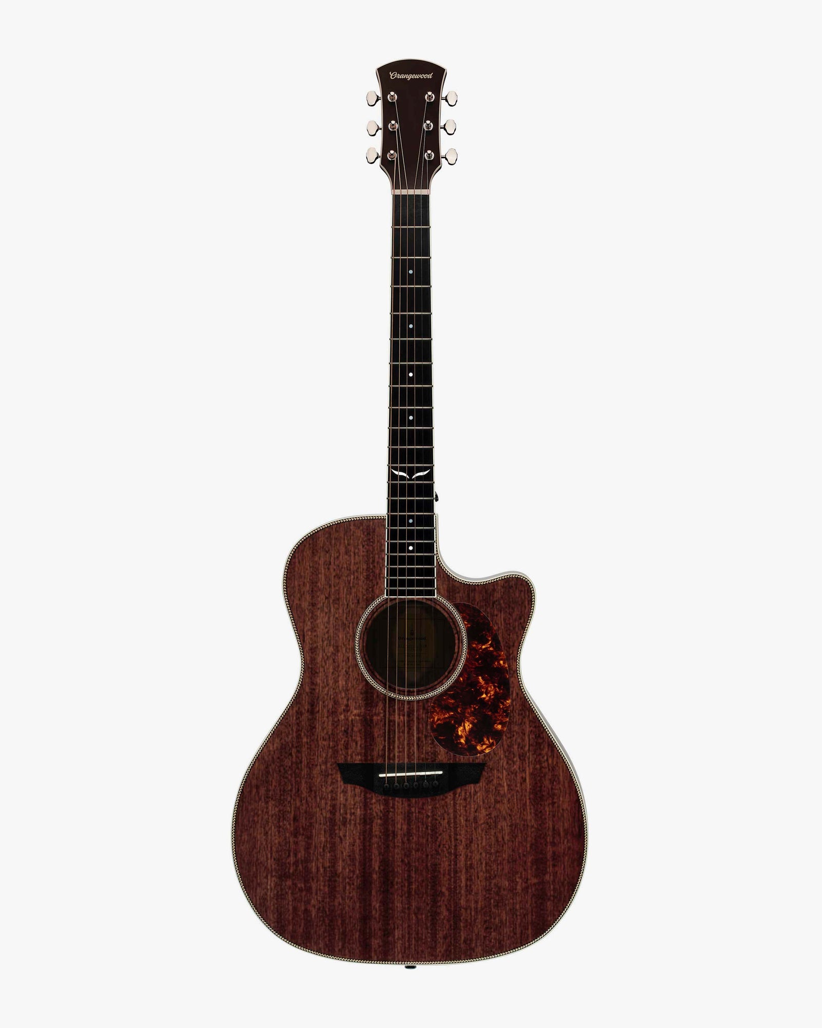 Mahogany grand auditorium cutaway acoustic guitar with an ebony fretboard, mother of pearl inlays, and silver hardware