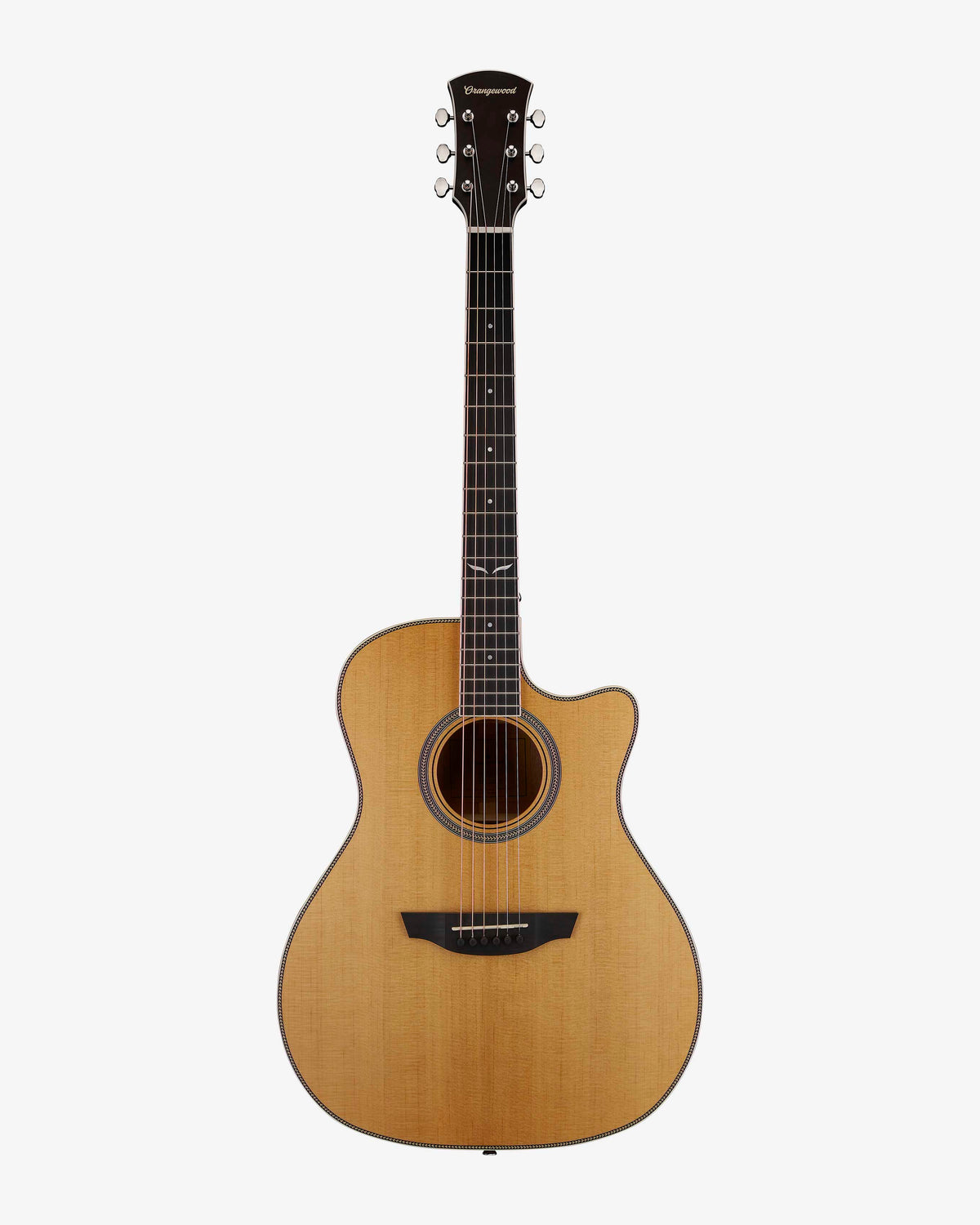 Torrefied spruce grand auditorium cutaway guitar with an ebony fretboard, mother of pearl inlays and silver hardware