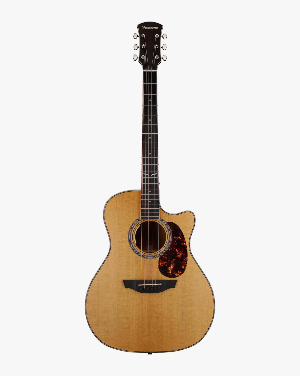 Torrefied spruce auditorium cutaway acoustic guitar with ebony fretboard, mother of pearl fretboard inlays, silver hardware, and tortoise pickguard