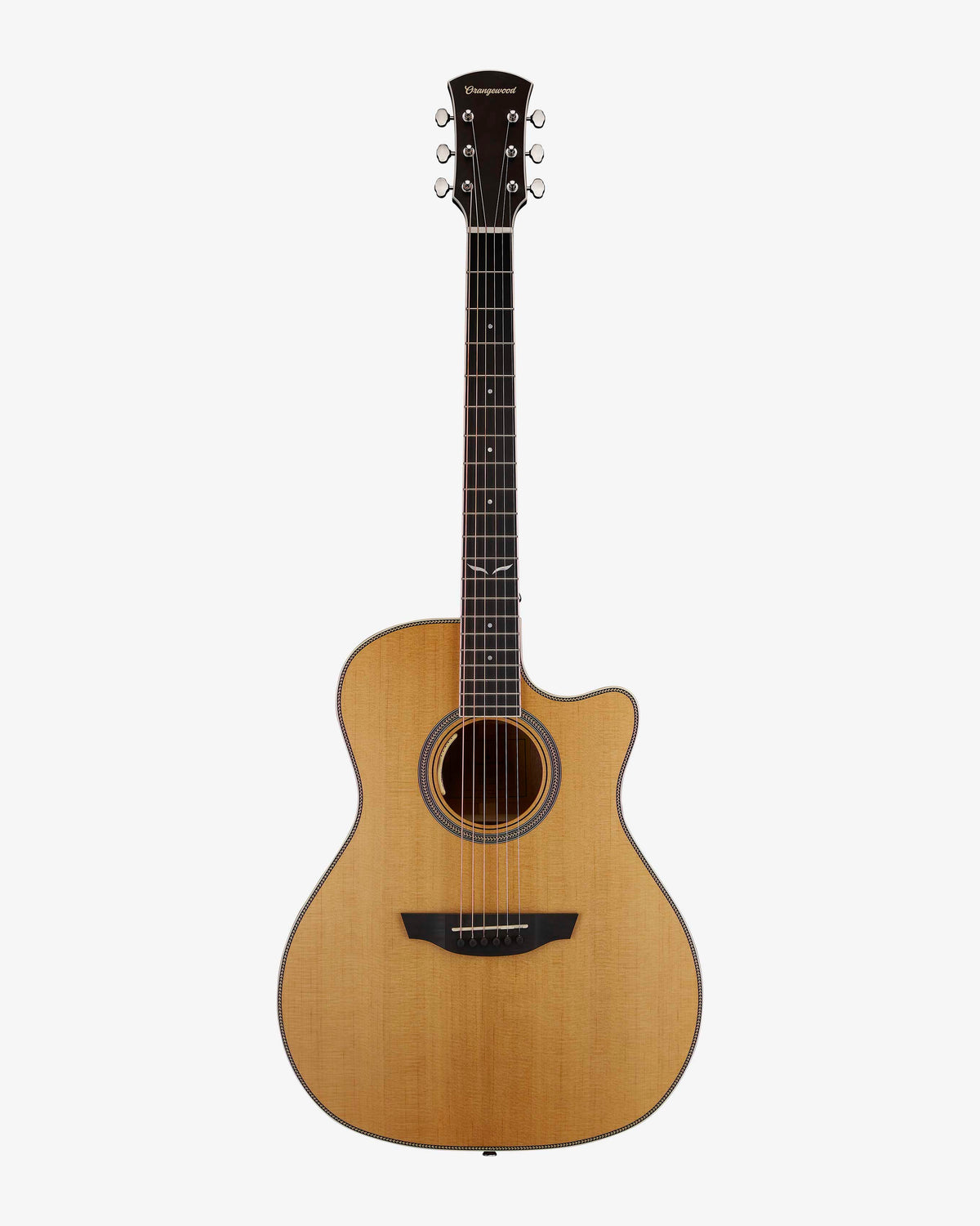 Torrefied spruce auditorium cutaway acoustic guitar with ebony fretboard, mother of pearl fretboard inlays, and silver hardware