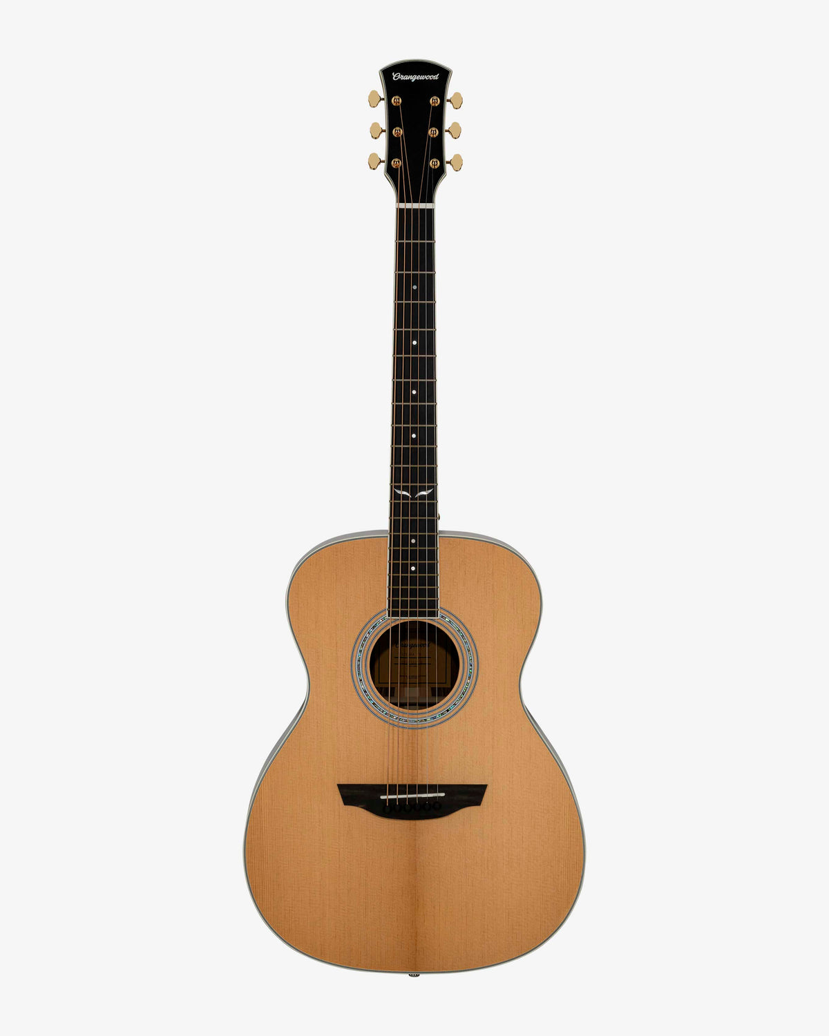 Torrefied spruce grand concert acoustic guitar with an ebony fretboard, mother of pearl inlays, and gold hardware