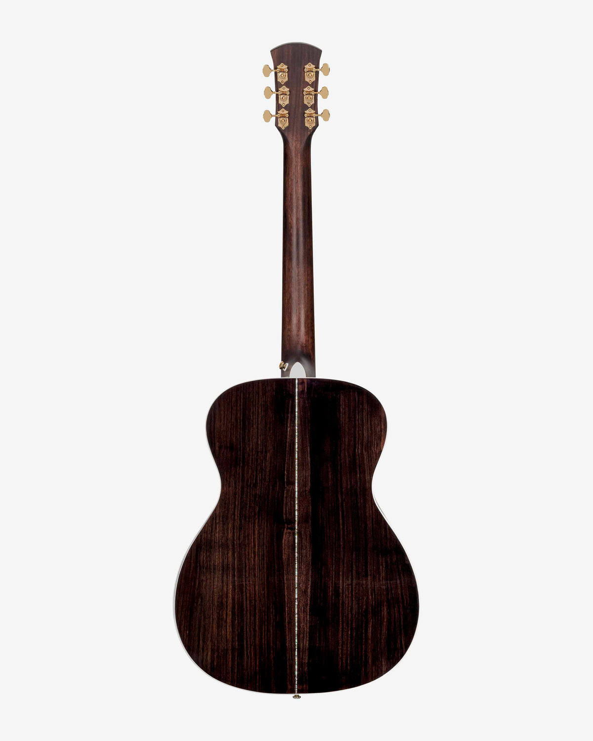 Back view of grand concert acoustic electric guitar with pau ferro wood, mahogany neck, and gold grover open gear tuners