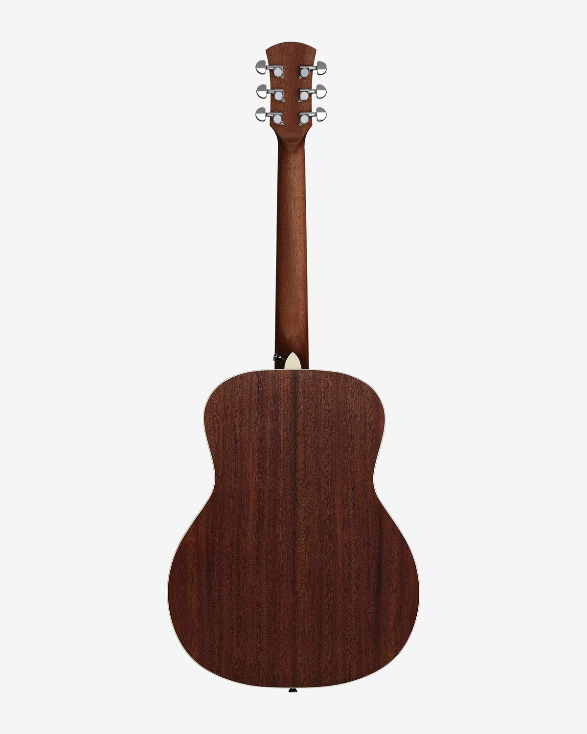 back view of acoustic guitar with mahogany back and neck and silver hardware