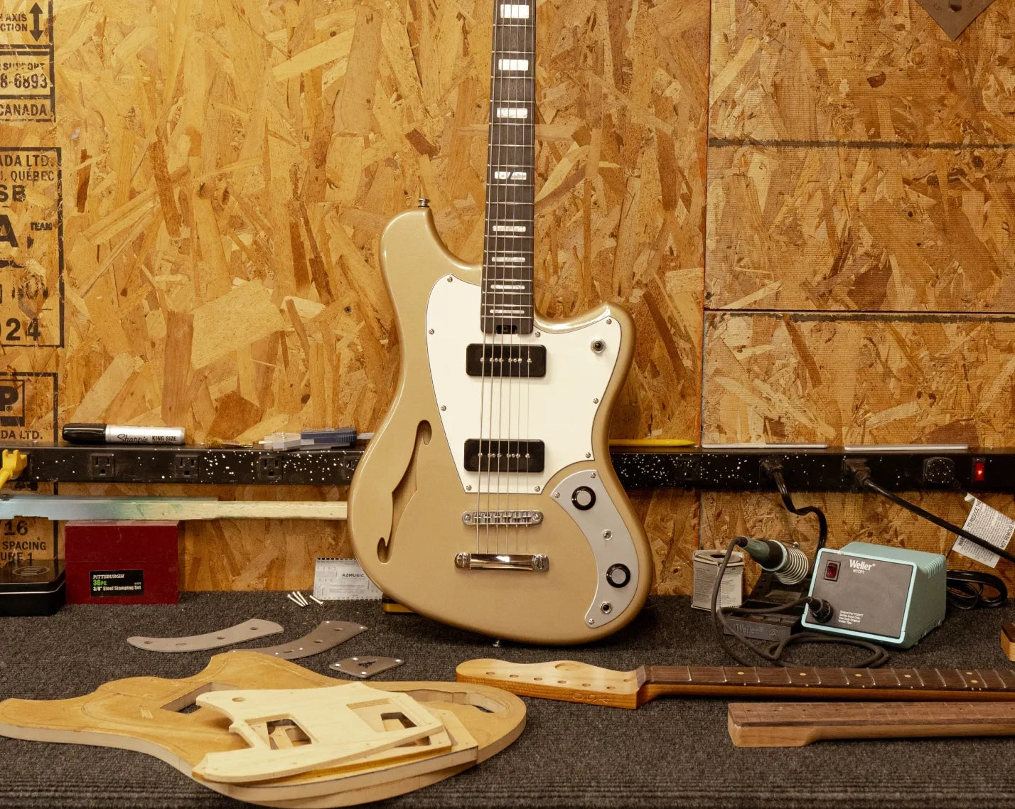 del sol baritone on a workbench