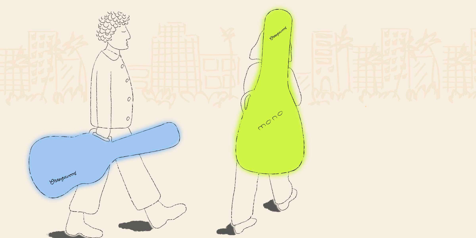 Illustration of people holding guitar cases