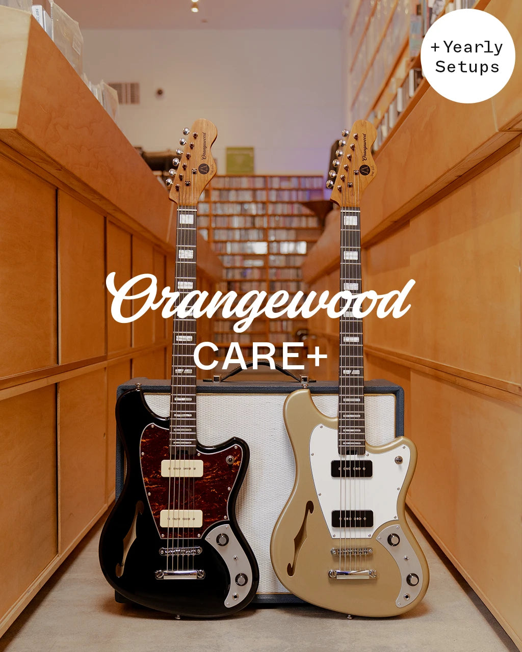 Two electric guitars, one black and one beige, against a wooden background with 'Orangewood CARE+' branding.