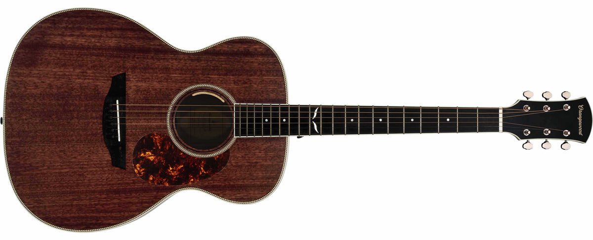 Mahogany grand concert acoustic electric guitar with ebony fretboard, mother of pearl fretboard inlays, silver hardware, and tortoise shell pick guard