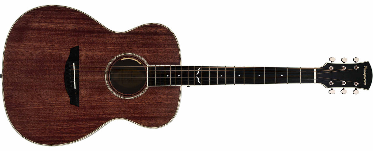 Mahogany grand concert acoustic electric guitar with ebony fretboard, mother of pearl fretboard inlays, and silver hardware