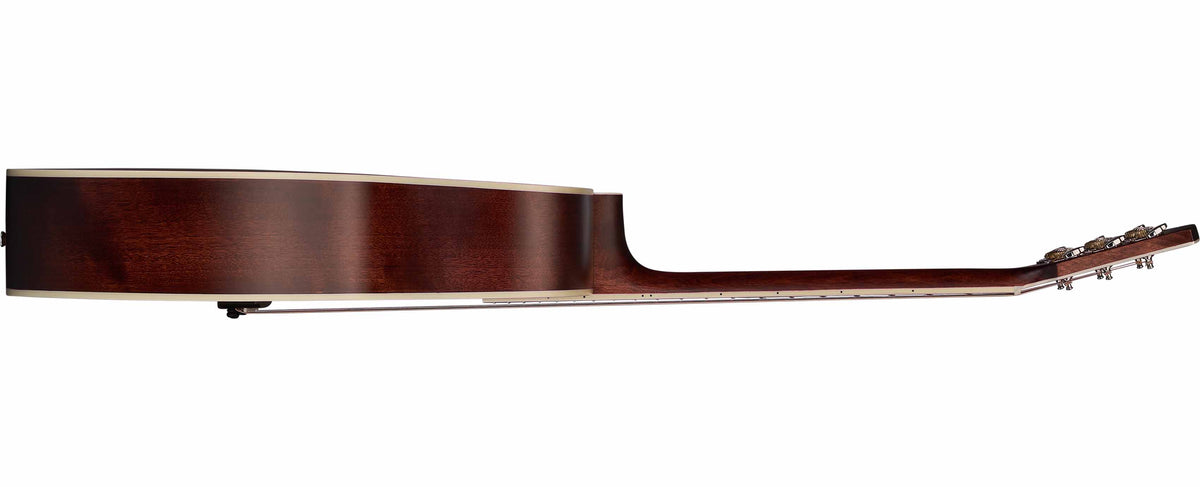 Mahogany left side of grand concert acoustic electric guitar with mahogany neck and silver hardware
