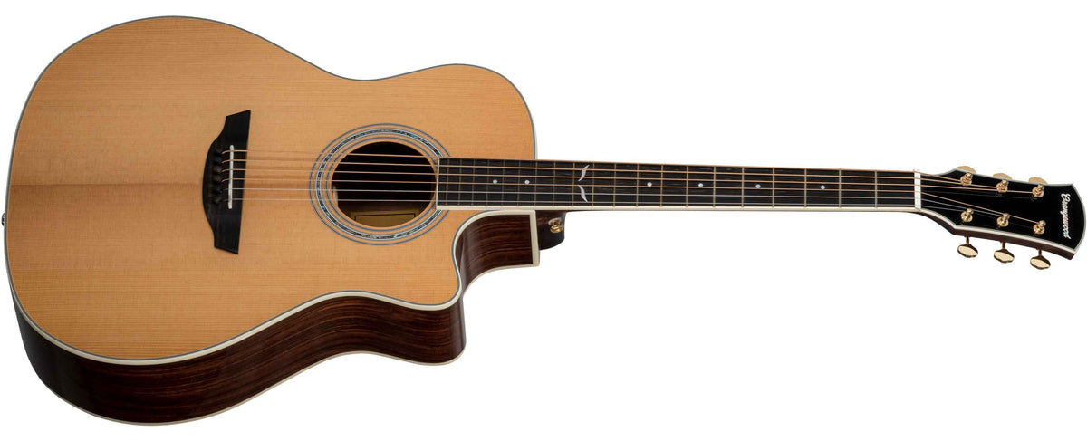 Torrefied spruce grand auditorium cutaway acoustic guitar with mahogany sides, ebony fretboard, mother of pearl fretboard inlays, abalone rosette, and gold hardware