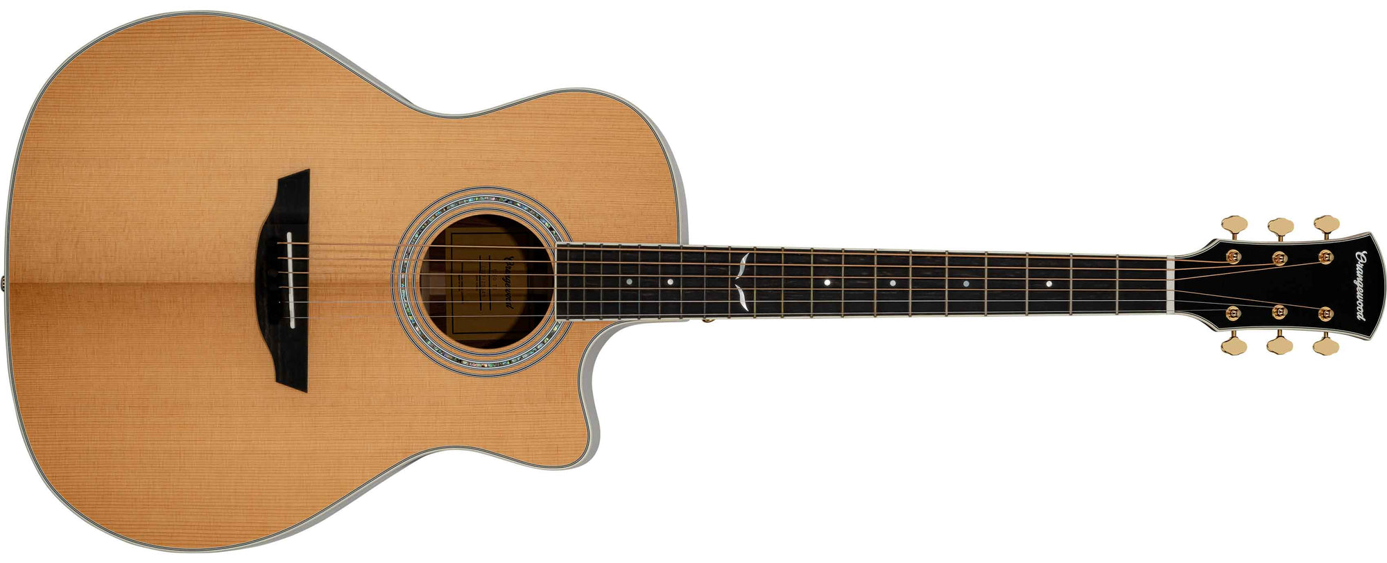Torrefied spruce grand auditorium cutaway acoustic guitar with ebony fretboard, mother of pearl fretboard inlays, abalone rosette, and gold hardware