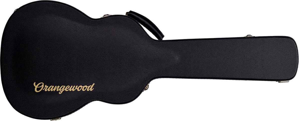 Acoustic guitar black hard case with leather handle, gold latches, and gold Orangewood logo
