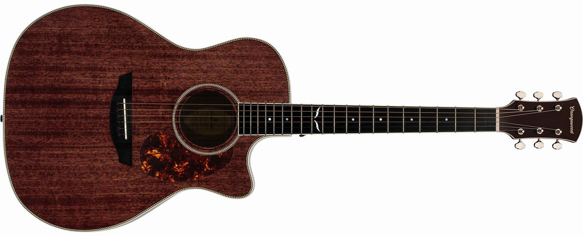 Mahogany grand auditorium cutaway acoustic electric guitar with an ebony fretboard, mother of pearl inlays, silver hardware, and a tortoise pickguard