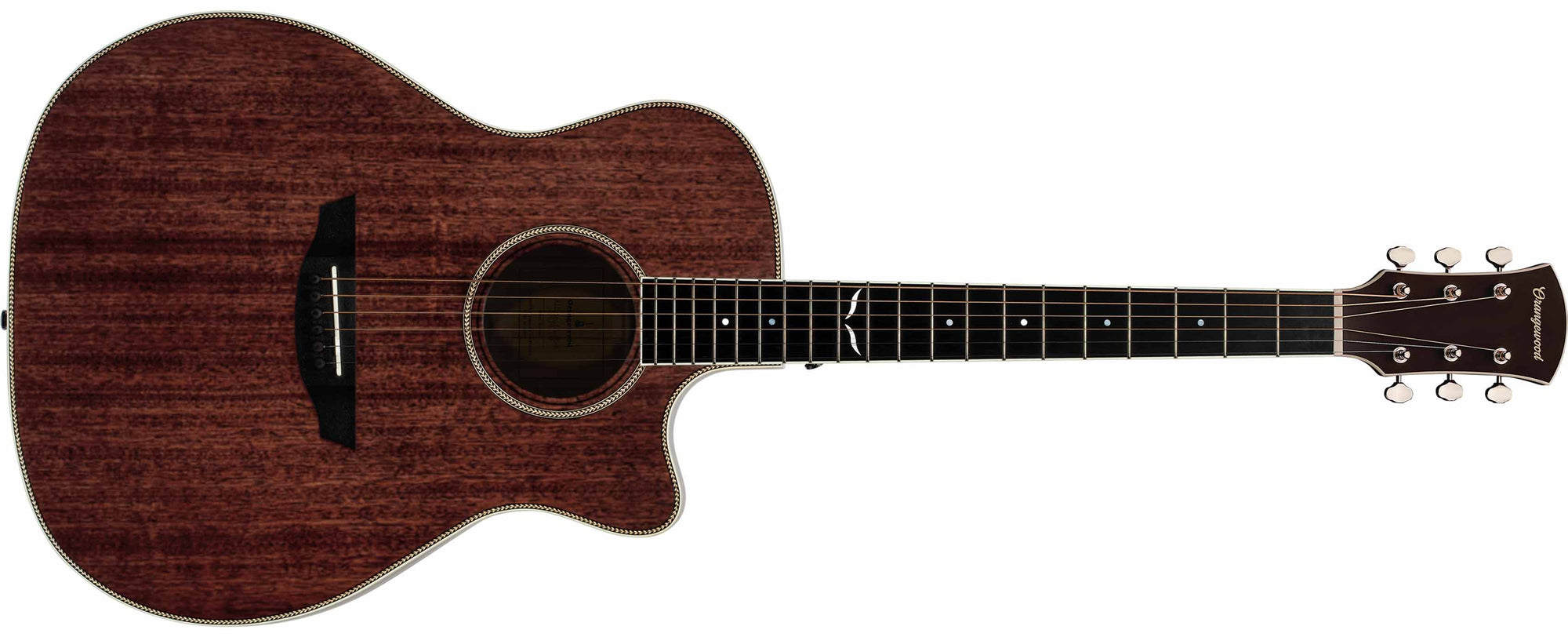 Mahogany grand auditorium cutaway acoustic guitar with an ebony fretboard, mother of pearl inlays, and silver hardware