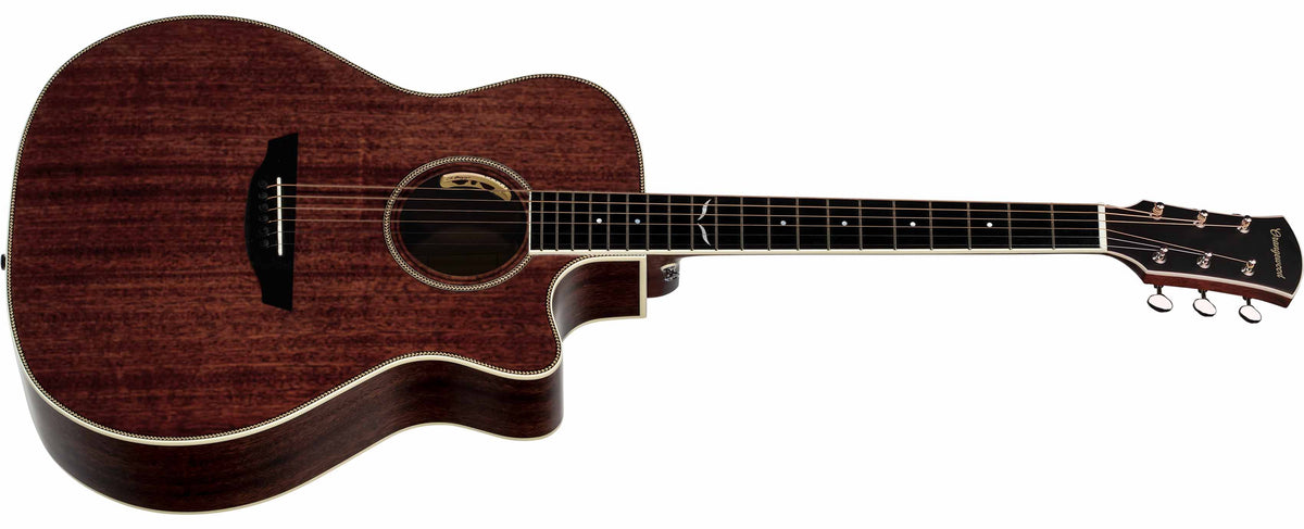 Angled view of mahogany grand auditorium cutaway acoustic electric guitar 