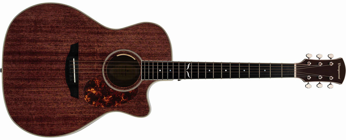 Mahogany grand auditorium cutaway acoustic electric guitar with an ebony fretboard, mother of pearl inlays, silver hardware, and tortoise pickguard