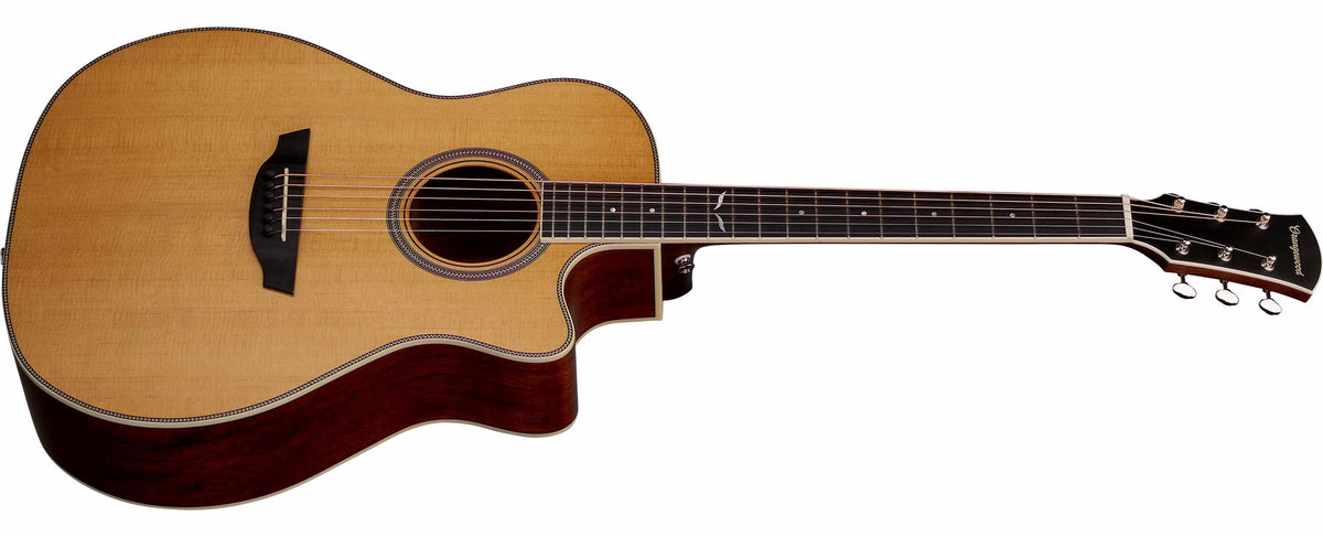 Angled view of torrefied spruce grand auditorium cutaway guitar with mahogany sides