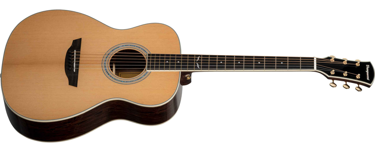 angled view of torrefied spruce grand concert acoustic guitar with pau ferro side wood