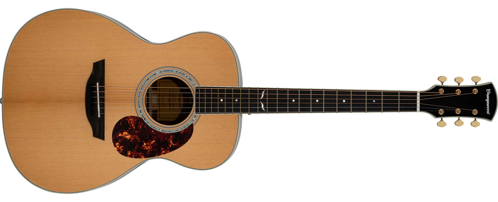 Torrefied spruce grand concert acoustic guitar with an ebony fretboard, mother of pearl inlays, and gold hardware